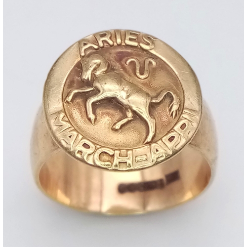 1385 - 9K YELLOW GOLD ARIES STAR SIGN ASTROLOGY RING, WEIGHT 5.6G SIZE M