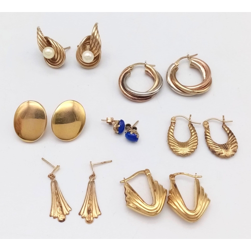 1329 - An eclectic selection of seven pairs of 9 K yellow gold earrings with a total weight of 13.8 g.