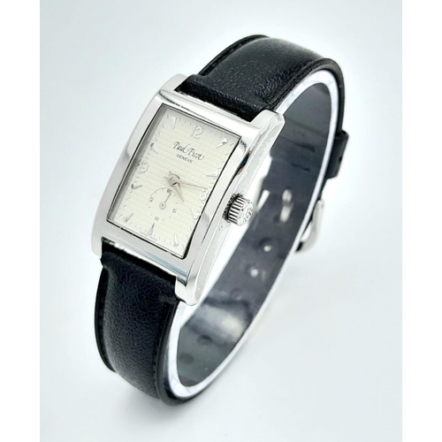 1269 - A Vintage Paul Picot Quartz Tank Ladies Watch. Black leather strap. Stainless steel case - 23mm. Whi... 