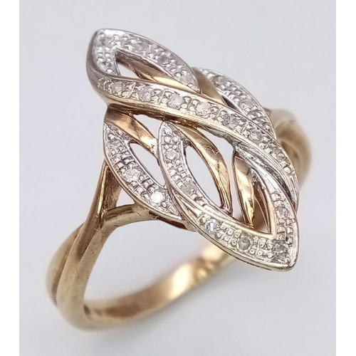 1235 - 9K YELLOW GOLD DIAMOND SET KNOTTED FANCY RING, WEIGHT 2.9G SIZE P