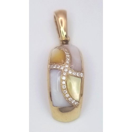 220 - A 14 K yellow gold pendant with yellow and white Mother of pearl and diamonds arranged in a curvy cr... 