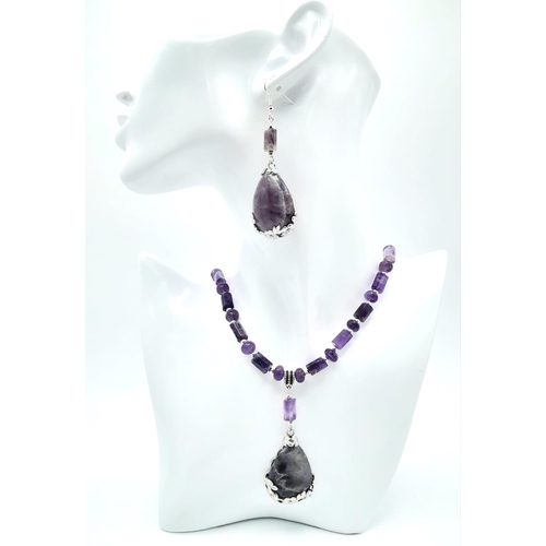 235 - An original Brazilian AMETHYST necklace and earrings set, with round and cylindrical alternating bea... 