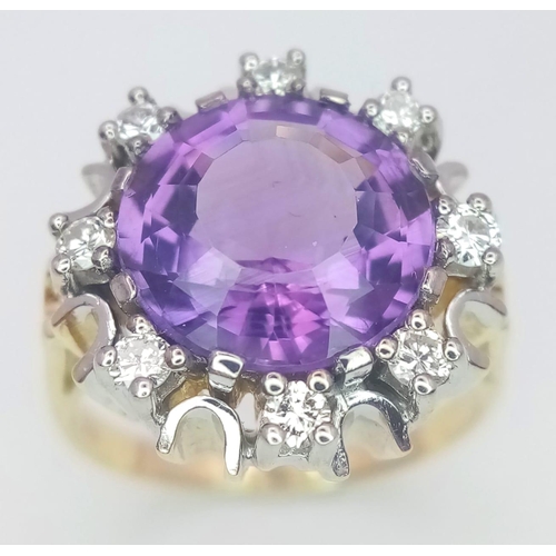 344 - A Gorgeous 14K Yellow Gold Amethyst and Diamond Ring. Central round cut 5ct amethyst with a brillian... 