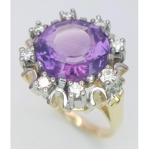 344 - A Gorgeous 14K Yellow Gold Amethyst and Diamond Ring. Central round cut 5ct amethyst with a brillian... 