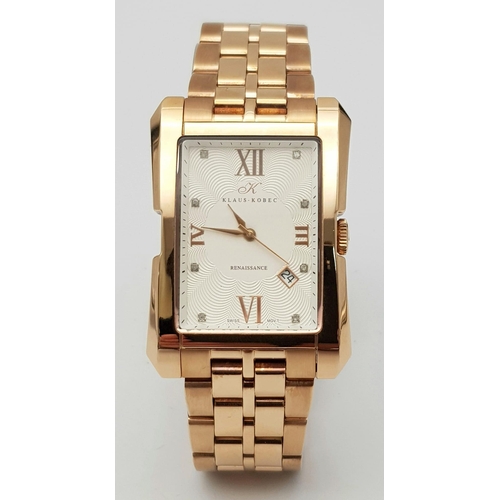 445 - A Klaus Kobec Rose Gold Plated Renaissance Quartz Gents Watch. Stainless steel bracelet and case - 3... 