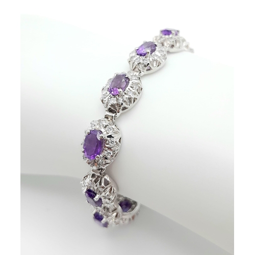 86 - An Amethyst & White Zircon Gemstone 925 Silver Tennis Bracelet, Weight - 29g. Amethyst - 30ctw. 18cm... 