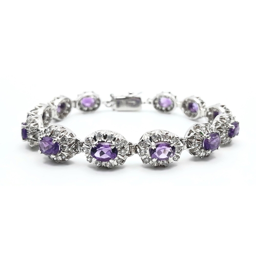 86 - An Amethyst & White Zircon Gemstone 925 Silver Tennis Bracelet, Weight - 29g. Amethyst - 30ctw. 18cm... 