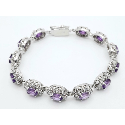 86 - An Amethyst & White Zircon Gemstone 925 Silver Tennis Bracelet, Weight - 29g. Amethyst - 30ctw. 18cm... 