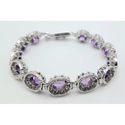 86 - An Amethyst & White Zircon Gemstone 925 Silver Tennis Bracelet, Weight - 29g. Amethyst - 30ctw. 18cm... 