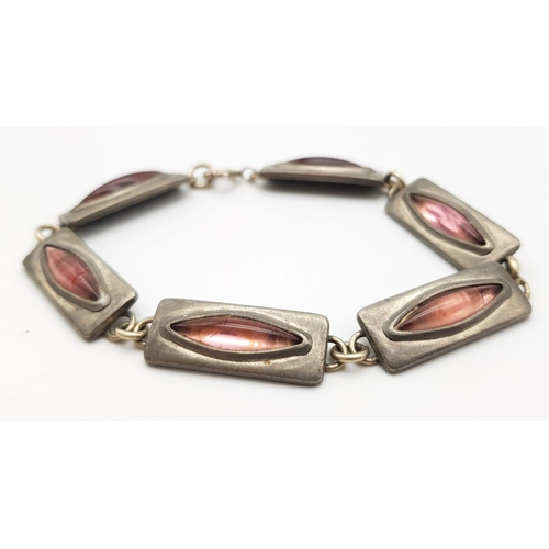 1357 - A Rare and Unique, Vintage Jorgen Jensen Denmark Pewter and Pink Glass Bracelet. 20cm Length. Fully ... 