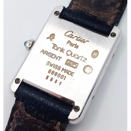 179 - A Vintage Must de Cartier Tank Quartz Ladies Watch. Black leather strap. 925 silver case - 21mm. Cre... 