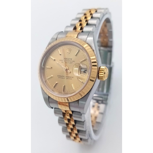 18 - A Rolex Bi-Metal Oyster Perpetual Datejust Ladies Watch. 18k gold and stainless steel bracelet and c... 