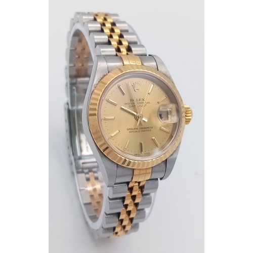 18 - A Rolex Bi-Metal Oyster Perpetual Datejust Ladies Watch. 18k gold and stainless steel bracelet and c... 