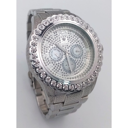 417 - An Icetime Diamond Quartz Gents Watch. Stainless steel bracelet and case - 47mm. White stone encrust... 