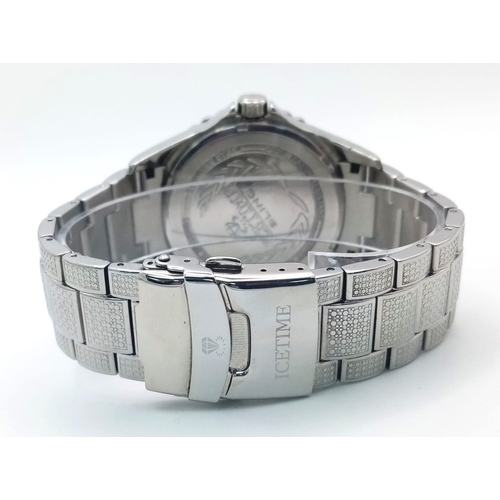 417 - An Icetime Diamond Quartz Gents Watch. Stainless steel bracelet and case - 47mm. White stone encrust... 