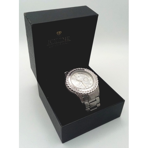 417 - An Icetime Diamond Quartz Gents Watch. Stainless steel bracelet and case - 47mm. White stone encrust... 