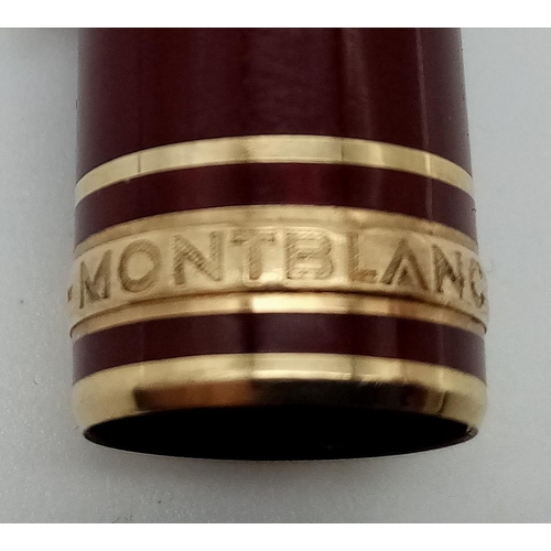 439 - A MONT BLANC MEISTERSTUCK CLASSIC BORDEAUX COLOUR FOUNTAIN PEN, WITH 14K YELLOW GOLD PEN NIB, IN GOO... 