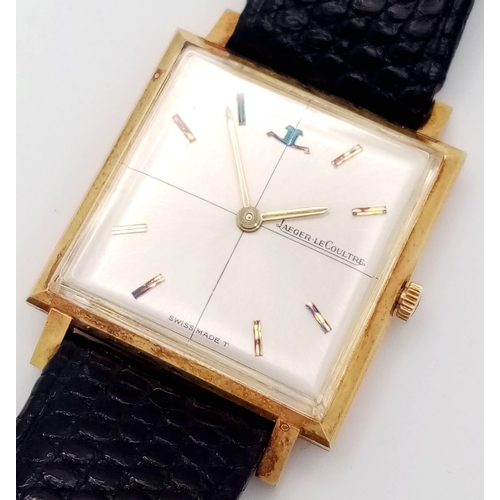 95 - A Vintage Jaeger Le Coultre Thin Mechanical Gents Watch. Black leather strap. 18K gold case - 27mm. ... 