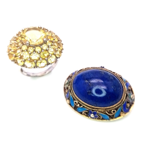 582 - Two Vintage Silver Jewellery Pieces - Lapis and enamel brooch - 3.5cm and a Citrine cluster ring - s... 