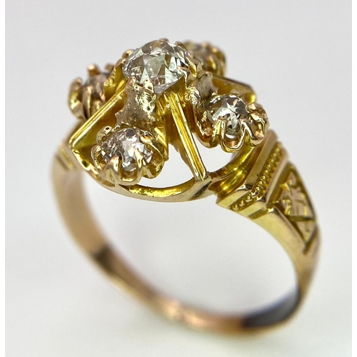 596 - A 9K Yellow Gold (tested) Diamond Ring. Five round cut diamonds on a raised setting. Size N. 4.32g t... 