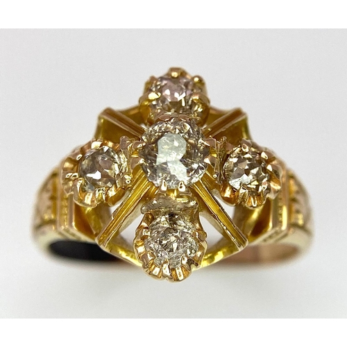 596 - A 9K Yellow Gold (tested) Diamond Ring. Five round cut diamonds on a raised setting. Size N. 4.32g t... 