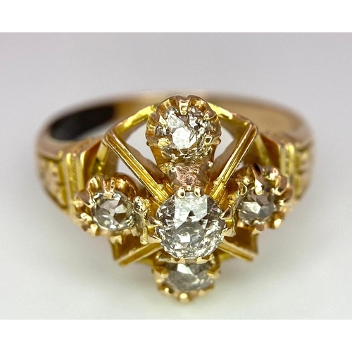 596 - A 9K Yellow Gold (tested) Diamond Ring. Five round cut diamonds on a raised setting. Size N. 4.32g t... 