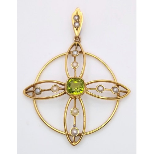 603 - A 9K Yellow Gold, Peridot Drop Earring and Pendant Set. Both decorated with seed pearls. Pendant - 4... 