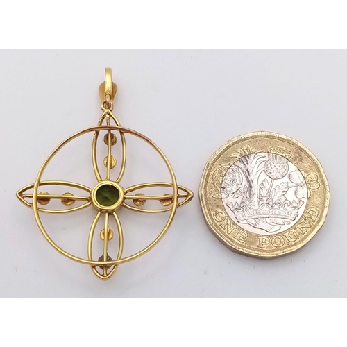 603 - A 9K Yellow Gold, Peridot Drop Earring and Pendant Set. Both decorated with seed pearls. Pendant - 4... 