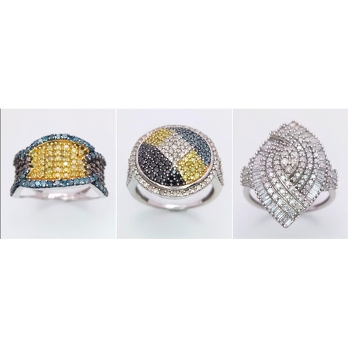 610 - Three 9K White Gold Different Style and Colour Cluster Diamond Rings. All size N. 11.66g total weigh... 