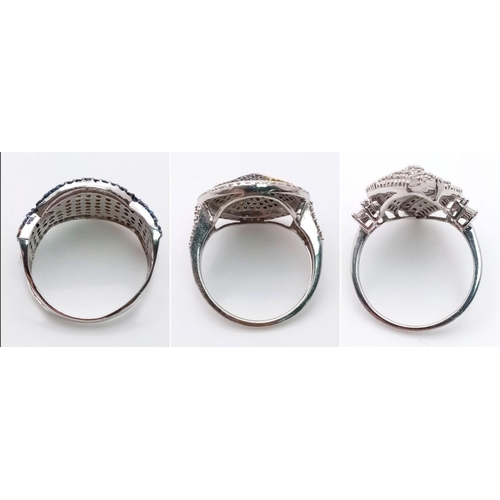 610 - Three 9K White Gold Different Style and Colour Cluster Diamond Rings. All size N. 11.66g total weigh... 