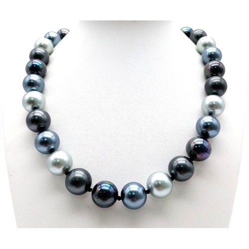 1298 - A Mysterious Metallic Shades of Grey and Silver South Sea Pearl Shell Necklace. 12mm beads. 42cm len... 