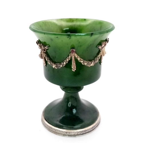 1 - A Nephrite Jade Early 20th Century Cup with Applied Ribbons and Gems Set on Silver Feet with Marking... 