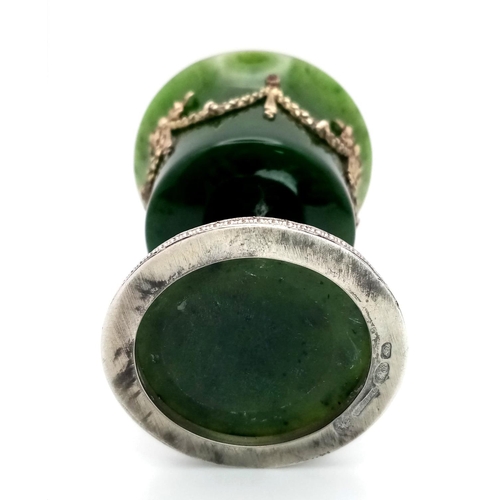 1 - A Nephrite Jade Early 20th Century Cup with Applied Ribbons and Gems Set on Silver Feet with Marking... 