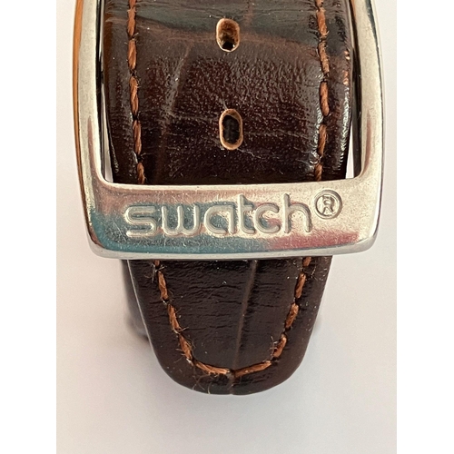 217 - Vintage SWATCH IRONY WRISTWATCH. Day/date model finished in stainless steel with genuine SWATCH leat... 