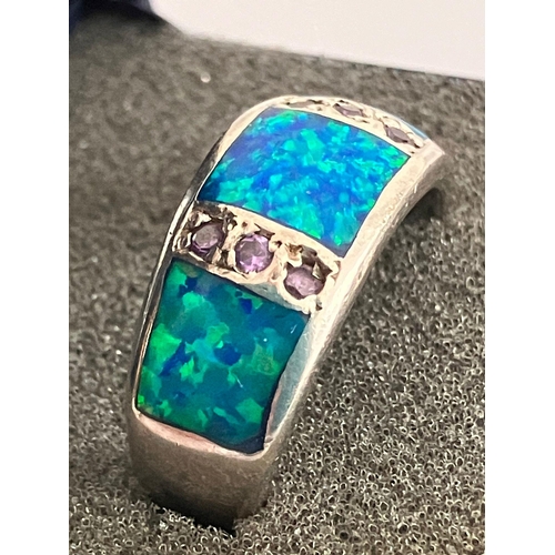 238 - SILVER and OPAL RING, Having 3 x Turquoise iridescent lab OPALS with colour changing properties set ... 