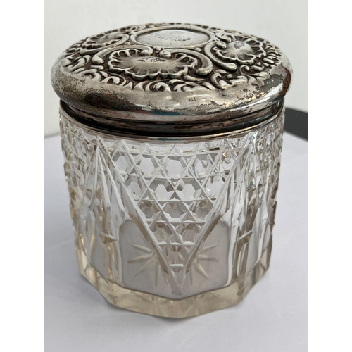 315 - Antique SILVER TOPPED Cut glass POWDER JAR. Having clear hallmark for William Hutton and Sons, Birmi... 