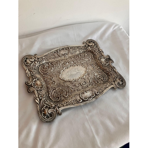 56 - Magnificent Antique SILVER TRAY. Edwardian Large Trinket Tray with beautiful raised Scroll and Shell... 