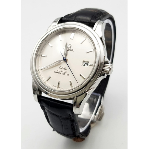 12 - OMEGA DE VILLE CO AXIAL CHRONOMETER STAINLESS STEEL WATCH, WHITE FACE AND DIALS WITH BLACK LEATHER S... 