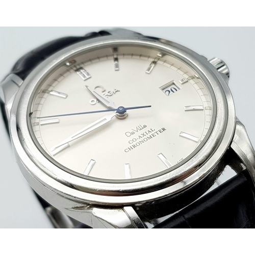 12 - OMEGA DE VILLE CO AXIAL CHRONOMETER STAINLESS STEEL WATCH, WHITE FACE AND DIALS WITH BLACK LEATHER S... 