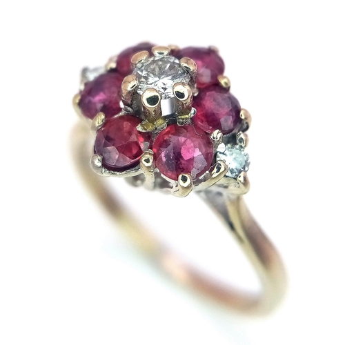 138 - 18K WHITE GOLD DIAMOND & RED STONE (POSSIBLY RUBIES) CLUSTER RING, WEIGHT 4G SIZE P