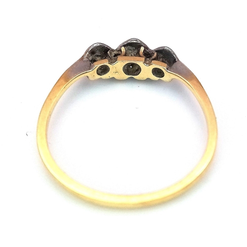 156 - AN ANTIQUE 18K GOLD 3 DIAMOND RING HAVING THE DIAMONDS SET IN HEART SHAPED PALLADIUM .   1.4gms   si... 