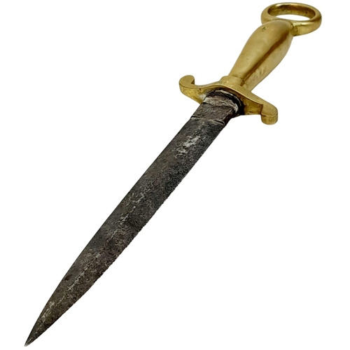 260 - An Antique Dated 1805 Georgian British Navy Boarding Dagger. Brass and Steel Construction, Bulbous G... 