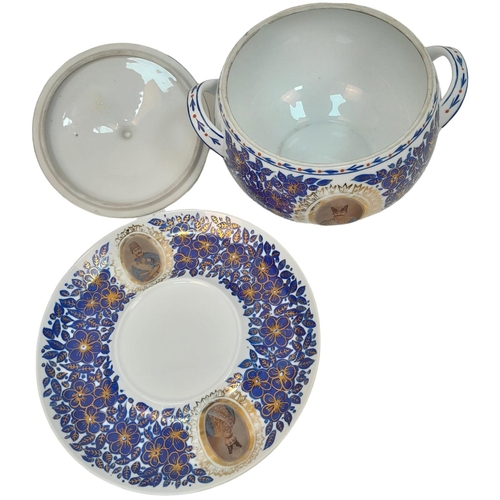 36 - A LIDDED QAJAR TUREEN AND PLATE WITH NASIR AL DIN 'S PICTURE