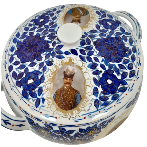 36 - A LIDDED QAJAR TUREEN AND PLATE WITH NASIR AL DIN 'S PICTURE