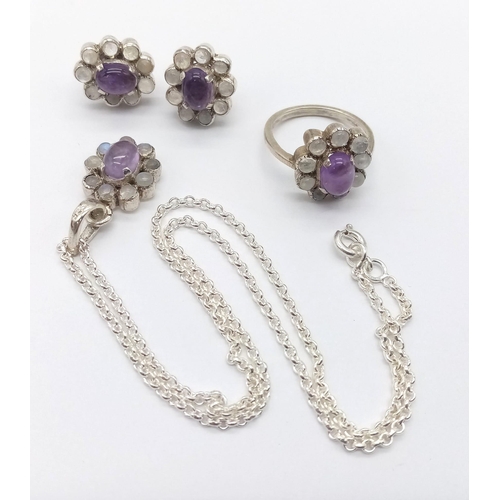 1318 - An Amethyst & Moonstone 925 Silver Jewellery set - comprising of a necklace and pendant - 42cm, Earr... 