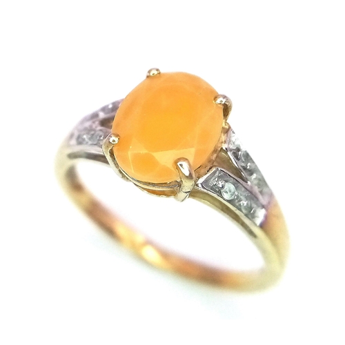 58 - A 9K GOLD AGATE AND DIAMOND RING .  1.8gms   size L