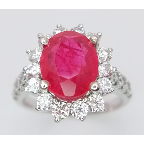 61 - 14K WHITE GOLD DIAMOND & RED STONE CLUSTER RING, WITH APPROX 1CT DIAMONDS IN TOTAL, WEIGHT 5.3G SIZE... 