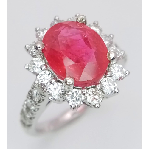 61 - 14K WHITE GOLD DIAMOND & RED STONE CLUSTER RING, WITH APPROX 1CT DIAMONDS IN TOTAL, WEIGHT 5.3G SIZE... 