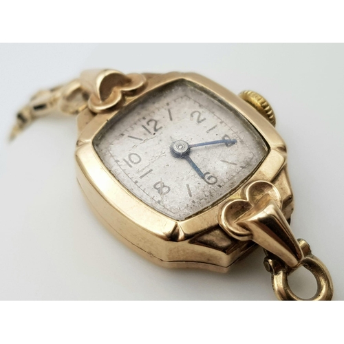 66 - An Antique 9K Gold Ladies Mechanical Watch. 9K gold bracelet and case - 17mm. White patinaed dial. W... 