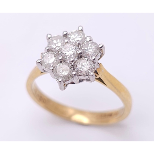 68 - 18K YELLOW GOLD DIAMOND CLUSTER RING WITH APPROX 1.05CT DIAMONDS IN FLORAL DESIGN, WEIGHT 4.6G SIZE ... 